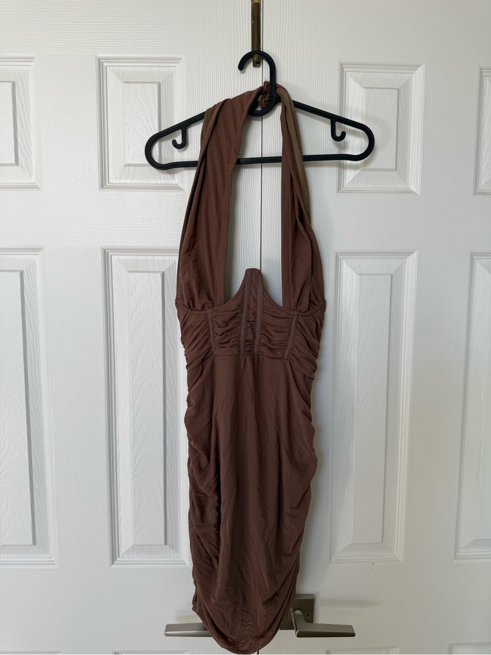 PrettyLittleThing Chocolate Brown Halter Ruched Mini Dress